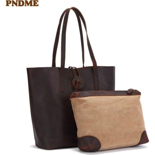 Vintage genuine leather men and women handbags casual simple natural crazy horse cowhide shoulder shopping bag work tote bag