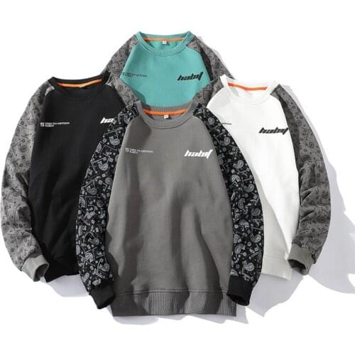 Hoodies Men Fashion Print Round Neck Long Sleeve Mens Sweatshirts Patchwork Casual Loose Hip-hop Style Male Pullover Hoodie