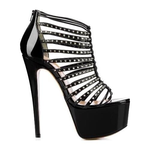 Sexy Black Patent Leather Rivets Strappy Sandals Peep Toe High Platform Cut-out Hollow Dress Shoes Thin Heels Ladies Pumps