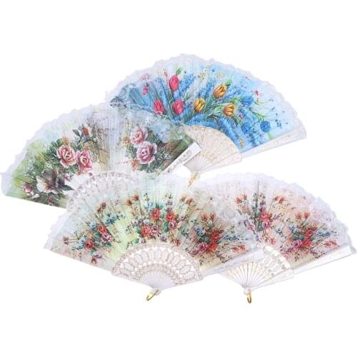 Hot Sale Hollow Out Rib Peony Print Lace Trim Folding Fabric Hand Fan Colored