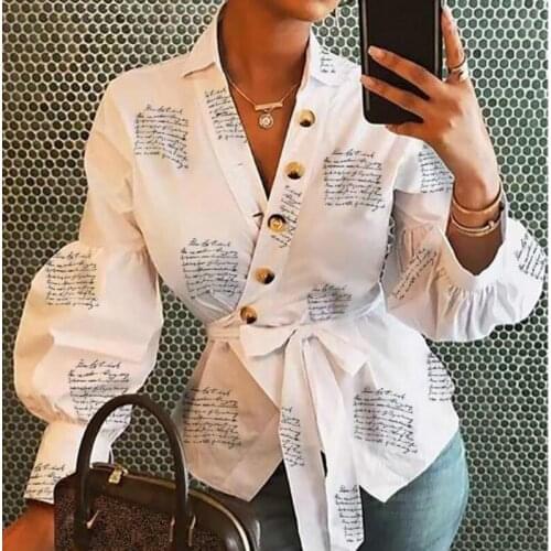 2021 Women Spring Autumn Fashion Button Shirt Lace-Up Letter Print Long Sleeve OL Top Office Lady Female Clothing