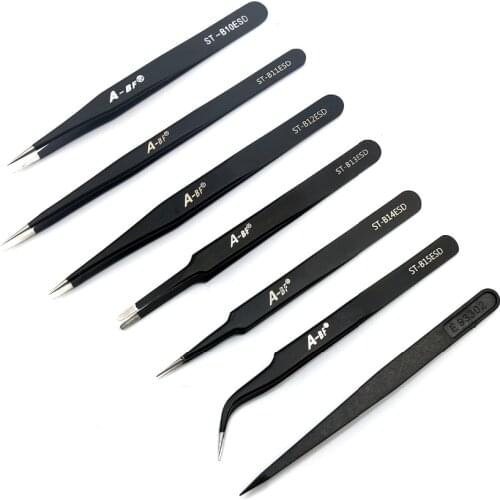 A-BF 6pcs Anti-static Tweezers Precision ESD Stainless Steel Tweezers Set Black with 1 Antistatic Plastic Tweezers