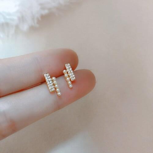 Binmonray 925 Sterling Silver Double Row Zirconia Pearl Splicing Small Stud Earrings for Women Unique Trend Earings Jewelry Gift