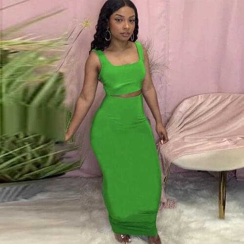 Sexy Solid Bodycon Long Dress Sets Hipster 2 Piece Skirt Set for Women Summer Tank Crop Tops+Maxi Skirt Elegant Vacation Outfits