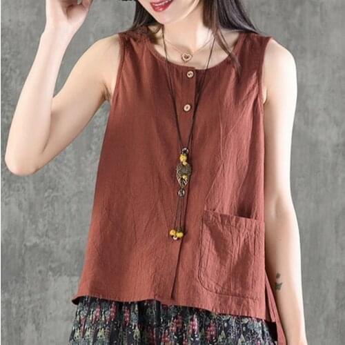 New Arrival 2020 Summer Arts Style Women Casual Solid Sleeveless Pocket Tops Backless Loose Cotton Linen Femme Tank Top S308