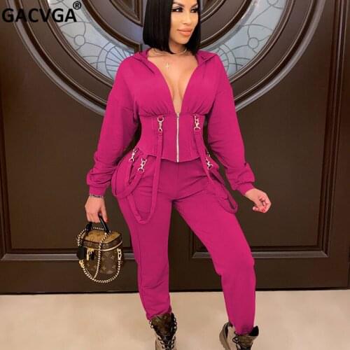GACVGA Autumn Two Piece Set Women Long Sleeve Hooded Zipper Pocket Sporty Jackets+Leggings Matching Sets Workout Stretchy Outfit