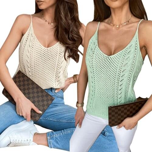 Womens Top Summer Hollow Out Knitting V Neck Camis Vest White Camisole Womens Clothing 2021 Outfit Basic Tops