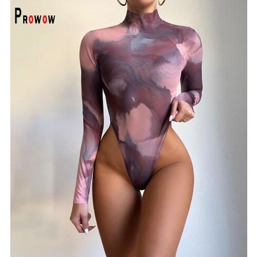 Prowow Fine Print Vintage Womens Bodysuits 2021 New Long Sleeve Winter Spring Sexy Bodycon Night Club Party Outfits for Woman