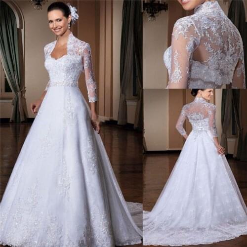 Modest White Lace Long Sleeves Jacket Wedding Dresses Bride Gowns Lace Appliques Garden Bridal Dress Robe De Novia Spring