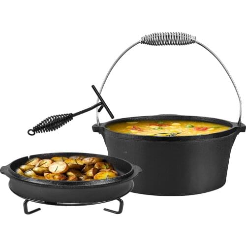 2 In 1Dutch Oven Cast Iron Pre Seasoned Casserole With Lid Lifter Handle Stand For Home Cooking BBQ Baking Outdoor Camp Pot