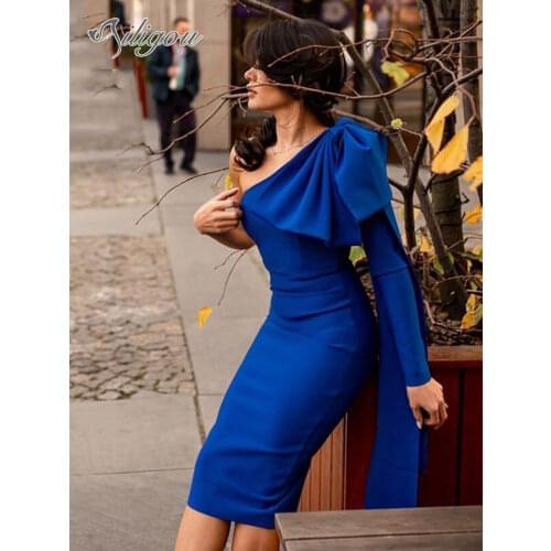 Ailigou Free Shipping 2021 Women Dress Sexy One Shoulder Long Sleeves Bodycon Dress Bow Design Celebrity Party Bandage Vestidos