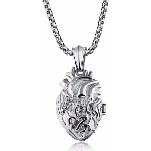 Stainless Steel Anatomical Heart Human Organ Pendant Necklace Gothic Punk Jewelry for Men Women