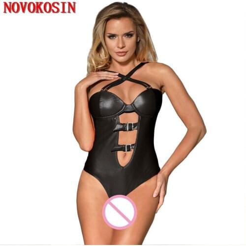 OY06 M-5XL 2020 Women Halter Chain Bondage DS Open Front Hollow Out Teddies Straps Fetish Lingerie Sexy Faux Leather Bodysuit