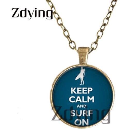Zdying Fashion Keep Calm And Surf On Pendant Necklaces Glass Cabochon Necklace Bronze/Silver-plated Sporty Jewelry ZT009