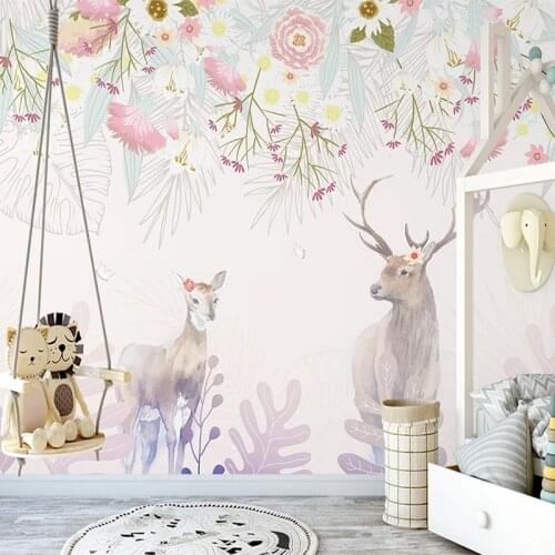 Custom Any Size Mural Wallpaper 3D Stereo Flowers Elk Animal Wall Painting Childrens Bedroom Background Wall Papel De Parede 3D