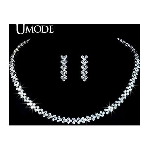 UMODE Wedding Jewelry Set Including 1 Pair of CZ Stone Dangle Earrings & 1 White Gold Color Choker Strands Necklace US0019