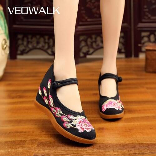 Veowalk Women Floral Embroidered Canvas Hidden Platform Shoes Mid Top Elegant Ladies Casual Sneakers Comfort Walking Shoes