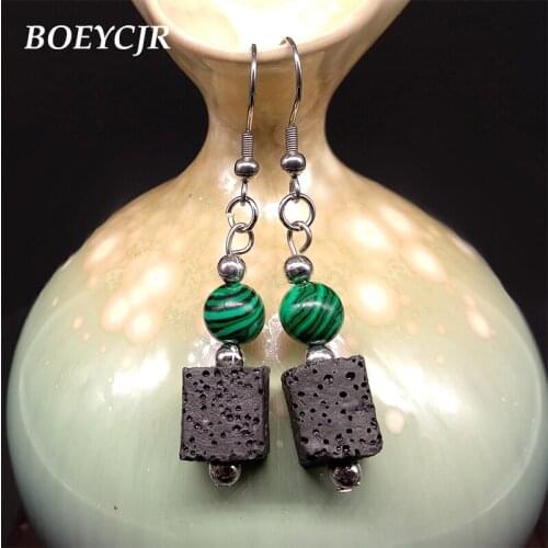 BOEYCJR Lava Stone Cube Shape Drop Earrings Handmade Fashion Jewelry Natural Stone Dangle Earrings for Women Arete Oorbel