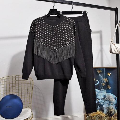 2021 Autumn Knitted Sweater Women Set Fashion Tassel Long Sleeve Pullover Tops + Casual Pants Ladies 2 Piece Outfit Tide H1003