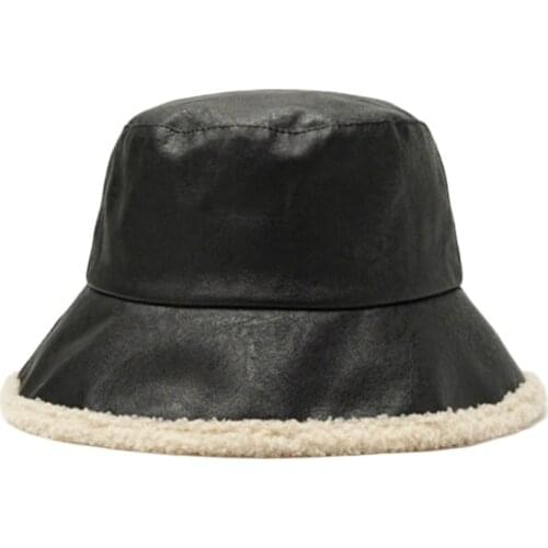 2020 Winter Faux Leather Bucket Hat Women PU Warm lambswool Velvet fishing cap casual Fashion Panama camping Fisherman Caps