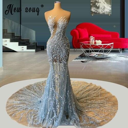 Sparkly Light Sky Blue Beads Evening Dresses for Women Party Mermaid Sequined Sweep Train Prom Gown Vestidos De Fiesta Pageant