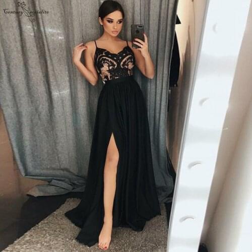 Black Long Prom Dresses 2020 Side Split Appliques Straps Zipper Back Sexy Evening Gowns Formal Party Dress Vestidos De Festa