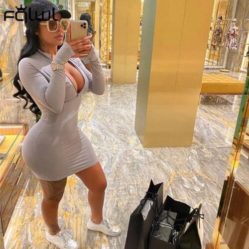 FQLWL Summer Bodycon Dress Women Long Sleeve Solid Zipper Sexy Wrap Dress Elastic Neon Autumn Club Party Ladies Short Dresses