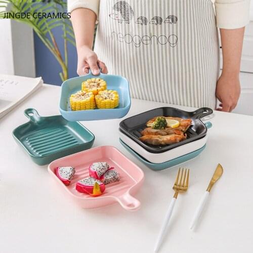 Ceramic European thickened dinner plate steak plate kitchen board microwave tableware single handle baking pan kitchen supplies