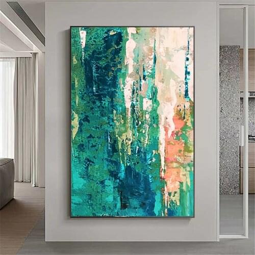 Hand-painted oil painting large vertical abstract gold leaf art canvas painting green gold leaf modern home decoration wall art
