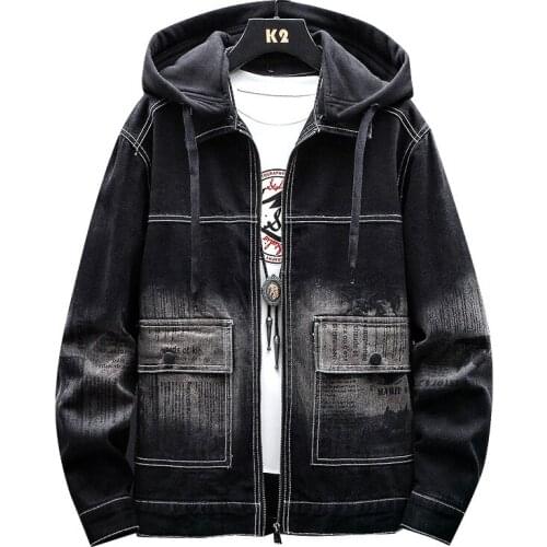 Men Black Denim Jacket autumn New Hooded Jeans Jackets Casual Pockets Zipper Coats letter Plus Size Hoodies cotton outerwear