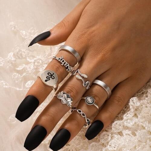 Tocona 8pcs/sets Bohemian Silver Color Snakle Lotus Ring Sets for Women Shiny Rhinestone Letter Party Jewelry anillo 15841