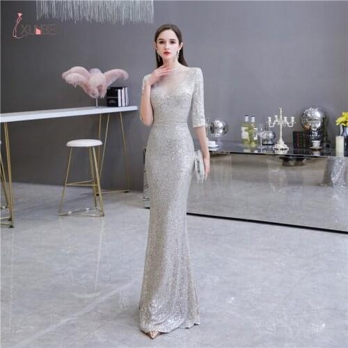 New Arrivals Long Mermaid Evening Dresses HIgh Neck Half Sleeves Sequins Robe De Soiree Prom Gowns For Women Real Photos