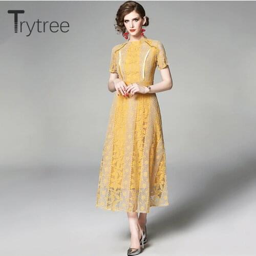 Trytree Summer Casual Dress Polyester Lace Floral Stand Collar Women dresses Mid-calf A-line Solid 2 Colors Office Lady Dress