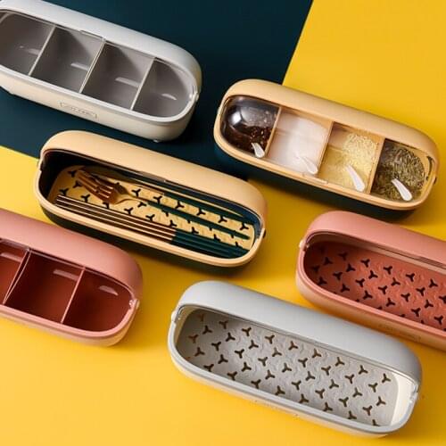Spice Condiment Box 4 Cells Transparent Spices Seasoning Storage Container Case Drain Cutlery Box Kitchen Knife Fork Organizer