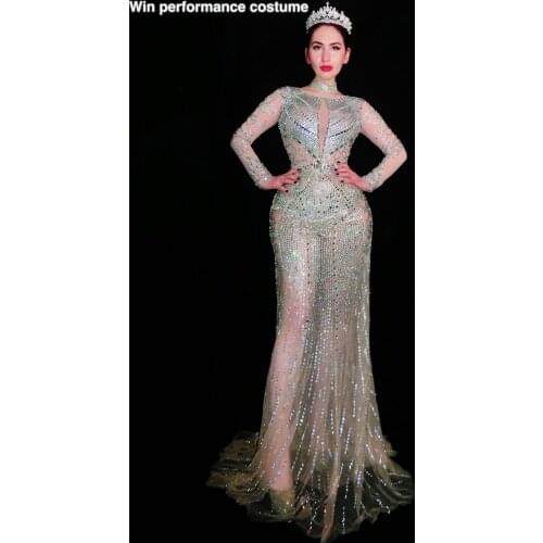 Sparkly Crystals Long Dress Fringes Women Evening Wedding Prom Party Birthday Rhinestones Bodycon Dresses Singer Stage Costume