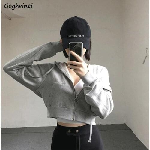With Hat Hoodies Women Spring Crop Top Solid Zip-up Zippers Ins Simple Leisure Loose Womens Outwears Hooded Jogger Korean Daily