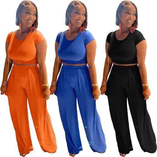Clothing Women Fashion Round Neck Short Sleeve Tight Tops Wide-legged Pants Dakeng Strip Solid Color Two Piece Casual Set Custom