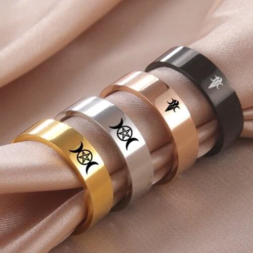Dawapara Vintage Triple Moon Goddess Wicca Pentagram Finger Rings for Women Supernatural Amulet Stainless Steel Jewelry