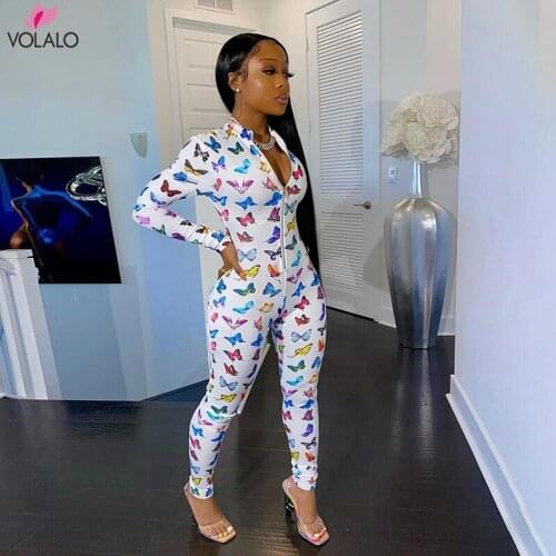 VOLALO Butterfly Print Zipper Full Sleeve Jumpsuit Women Tracksuit Overalls Fitness Casual Outfit Skinny Elastic Hight Clothes