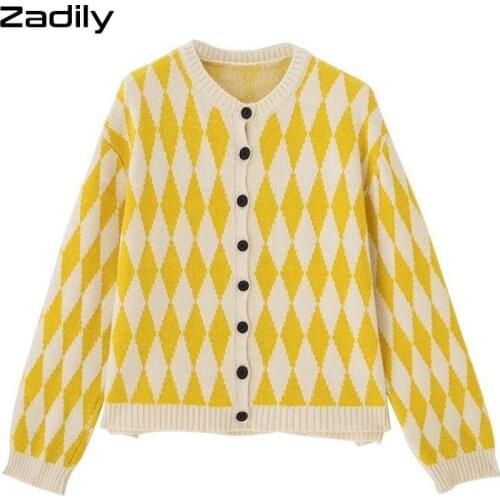Zadily 2021 Autumn Street Argyle Knit Womens Sweater Korean Style Button Up Long Sleeve Cardigan Winter Loose Female Clothing