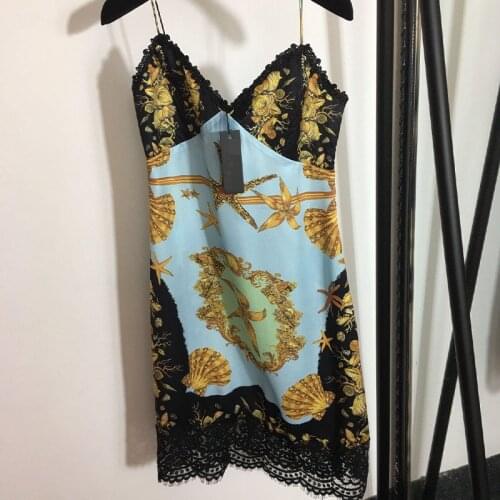 High Quality Retro Printed Lace Club Deigner Luxury Suspender Dress Women New 2021 Summer Sexy Women Beach Mini Dress Clothing