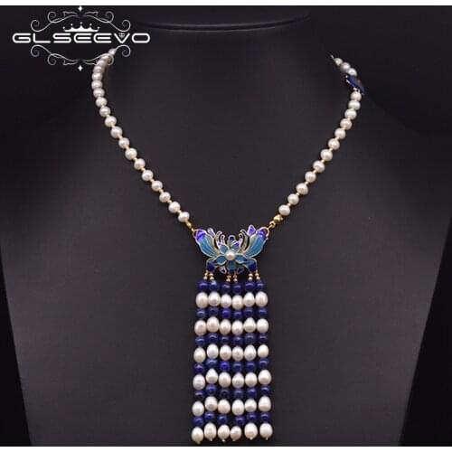 GLSEEVO Natural Fresh Water Pearl Tassel Choker Necklace For Women Wedding Cloisonne Butterfly Ethnic Necklace Jewelry GN0228