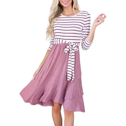 Women Casual Striped Ruffles Dress Long Sleeve O-neck Lace Up Vestidos Spring Autumn Fashion Patchwork Irregular Pink Dresses