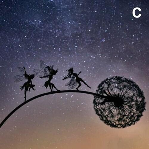 2D Garden Fairy Decoration Stake Fairy Playing on/with the Dandelion Metal Art Elf Silhouette Ornament for Outdoor UD88