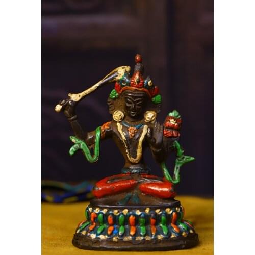 4" Tibetan Buddhist temple old copper hand-carved and painted Manjusri Buddha statue, town house to ward off evil