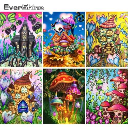 EverShine Diamond Mosaic Cartoon Cross Stitch Diamond Embroidery Mushroom House Picture Rhinestones Kits Handwork Hobby Gift