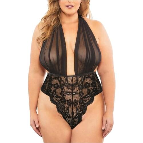 Women Lace Deep V-neck Teddy Bodysuit Halter Backless Jumpsuit Sexy Christmas Lingerie Fashion Style Women Sexy Plus Size