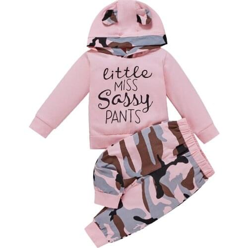 Baby Girls Classic Clothing Set Spring Long Sleeve Kids Hooded Sweatshirt Top+Camo Long Pant 2Pcs School Uniform Set Tracksuit