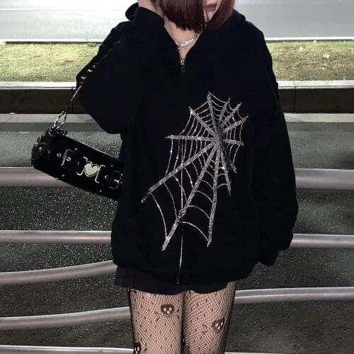 Trend Loose Hot new Rhinestone Spider hoodie Web Couple Zipper sweatshirt women Hot fashion Jacket Hooded Sweater Cardigan ins
