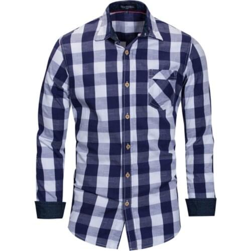 Mens 100% Cotton Plaid Long Sleeve Shirt Single Patch Pocket Spring Casual Shirts for Men Brand High Quality Clothing MY477